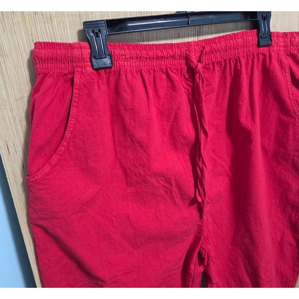 Ragtop USA Womens Red 100% Cotton Elastic Waist Drawstring Cropped Pants 2X